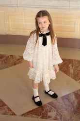 ALAPAGE GAIA VELVET TIE WITH BOTTOM RUFFLE LACE DRESS